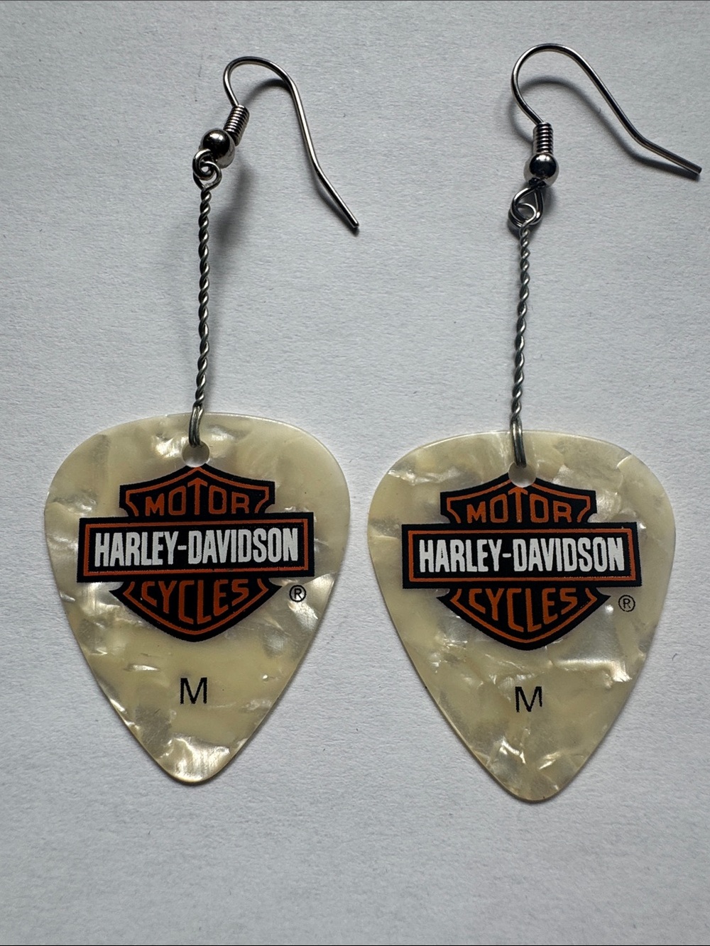 Harley-Davidson Cream Guitar Pick Dangle Earrings with Original logo design
